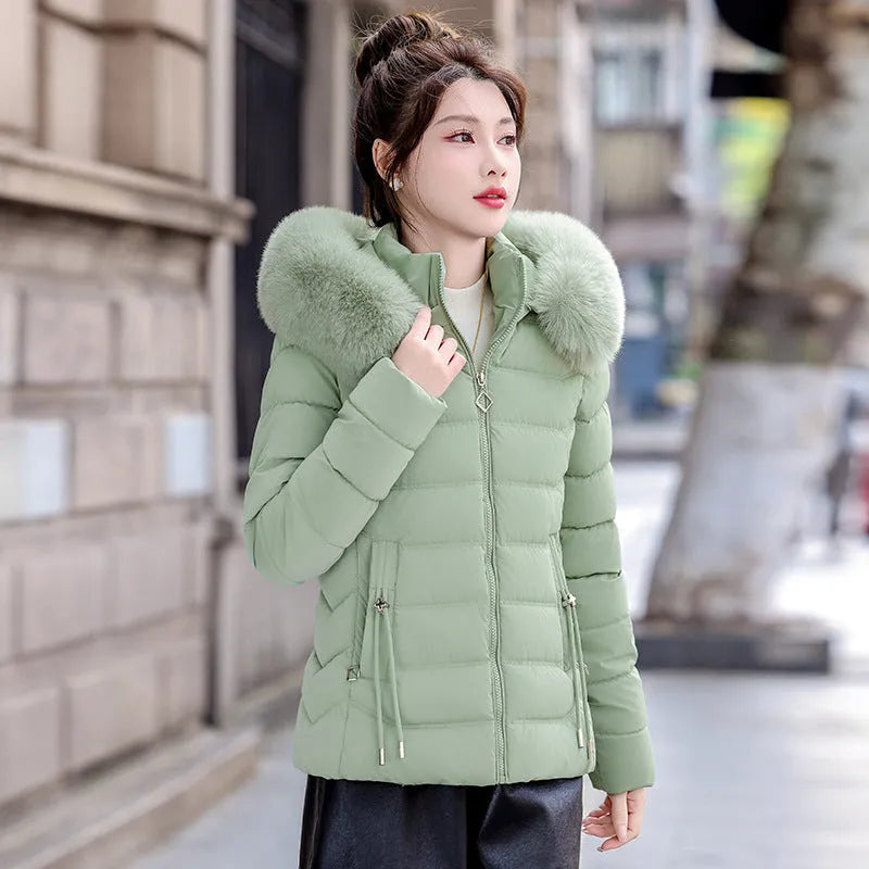 Women's removable cap thick padded jacket with fur collar in khaki colour front view