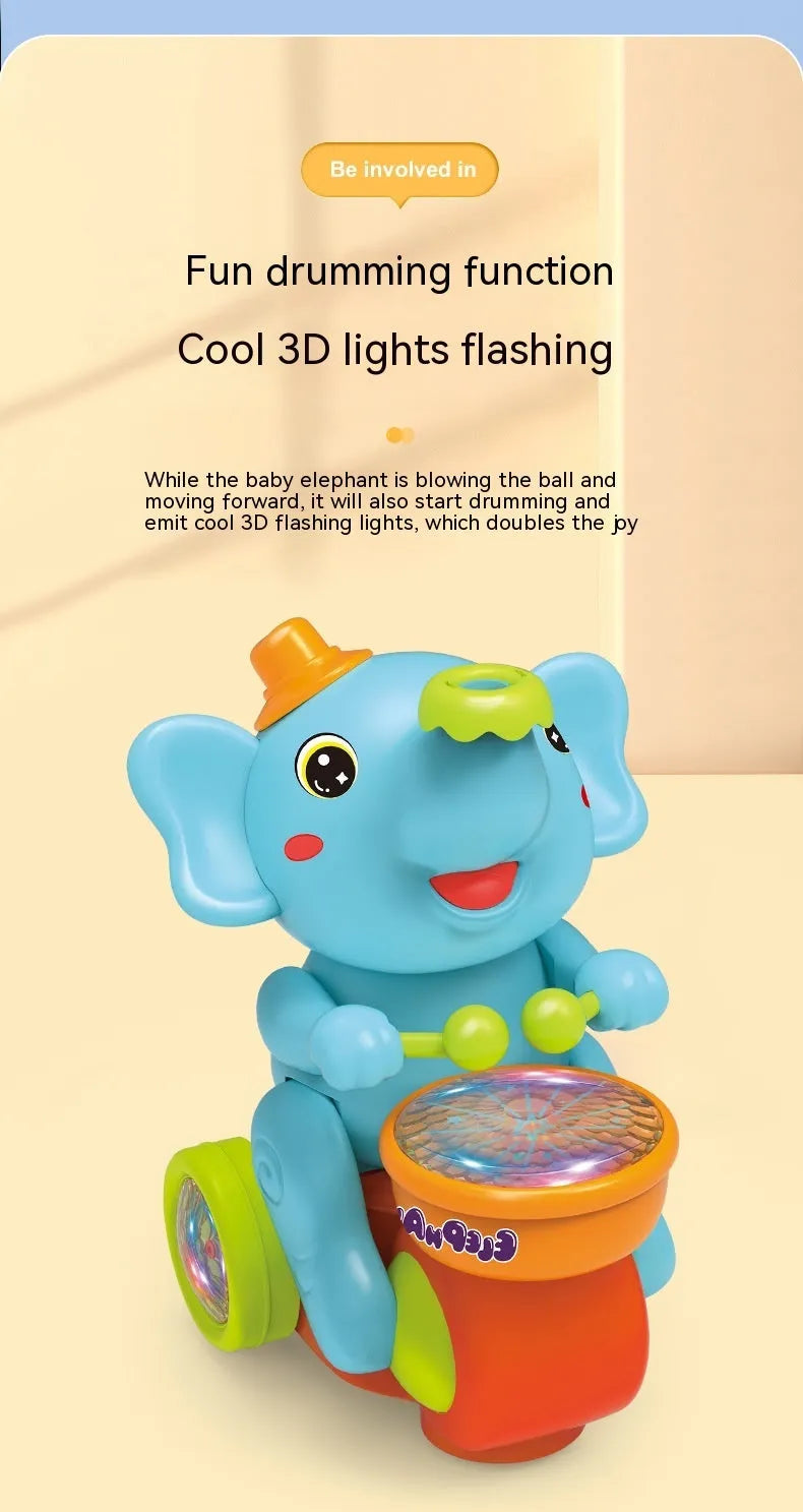 Elephant plastic toy car with music, lights, ball blowing, and obstacle avoidance in blue or yellow