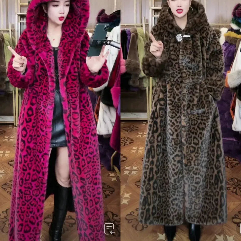 Brown leopard print loose plus size long faux fur coat for women.
