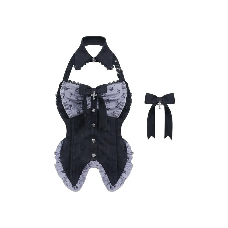 Gothic printed black patchwork top and gray printing skirt set front view