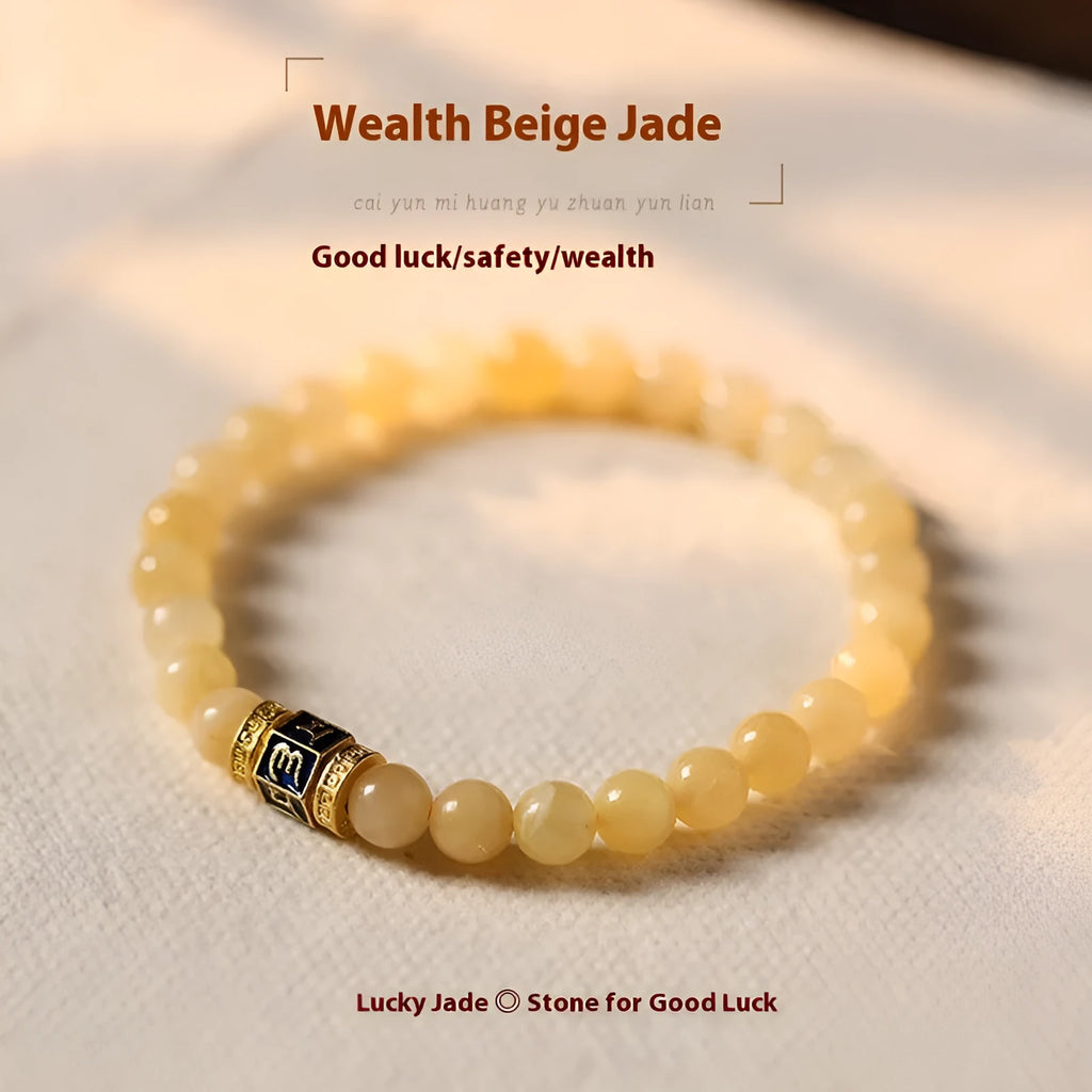 Women's Topaz bracelet with six-word mantra barrel beads and square sugar jade beads