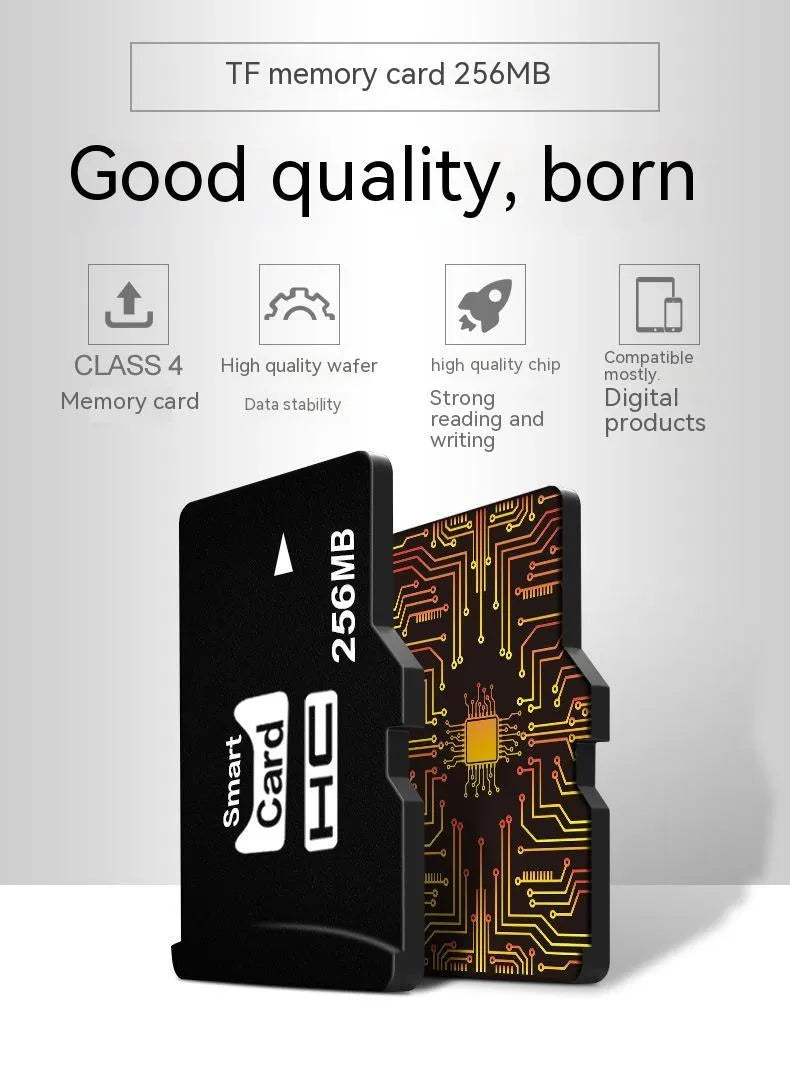 A 256MB TF format memory card presented in retail packaging.