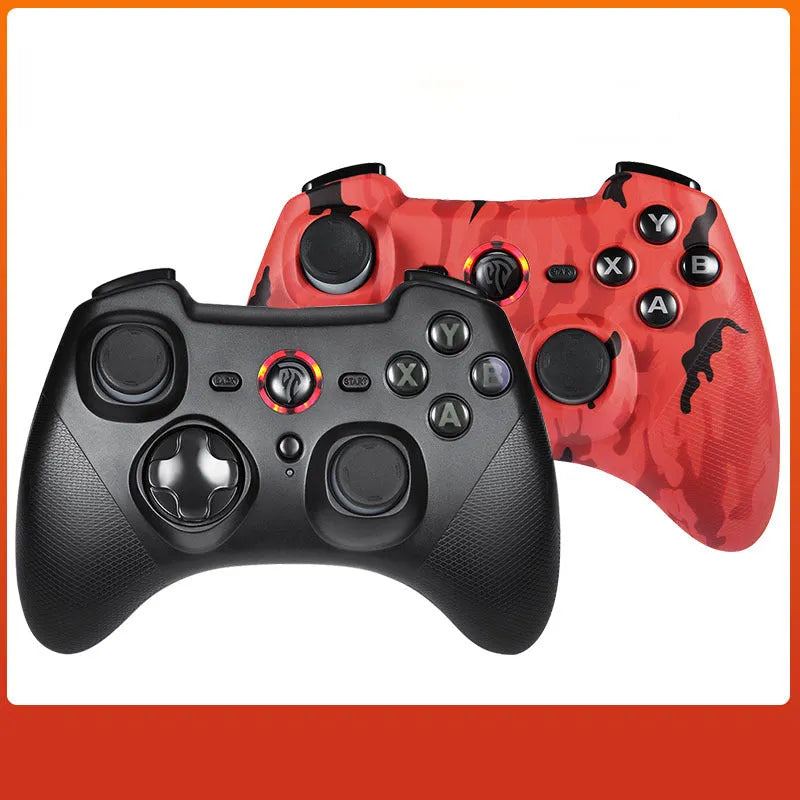Dual mode wireless game controller for PC in black, green, red, or white colours.