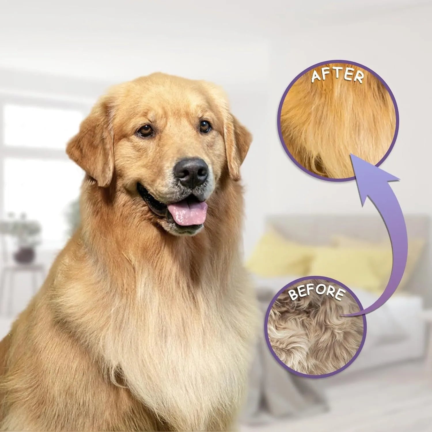 Purple pet detangling comb with stainless steel teeth on a wooden table.