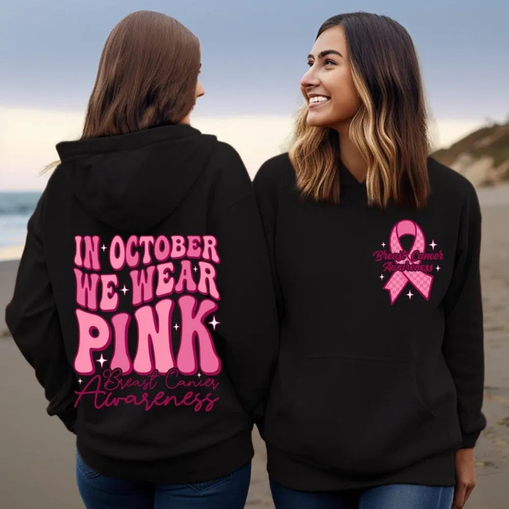 Breast Cancer Awareness hoodie with retro pattern and side seam pocket in pink colour.