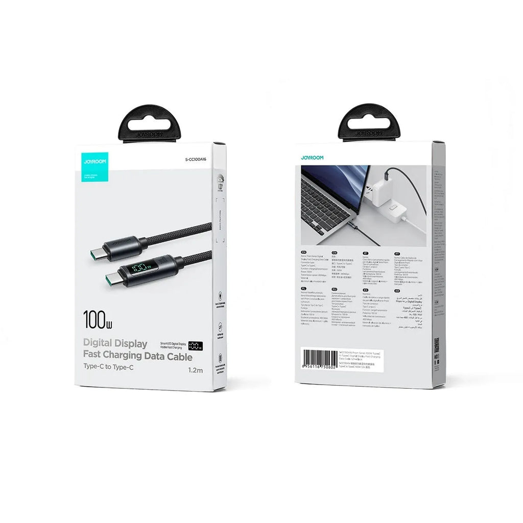Black PD20 66W fast charge data cable with braided nylon exterior and digital display showing charging status
