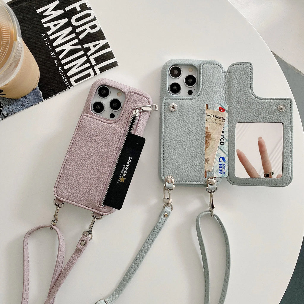 Lychee pattern phone case with card slot beauty mirror and crossbody strap in beige colour