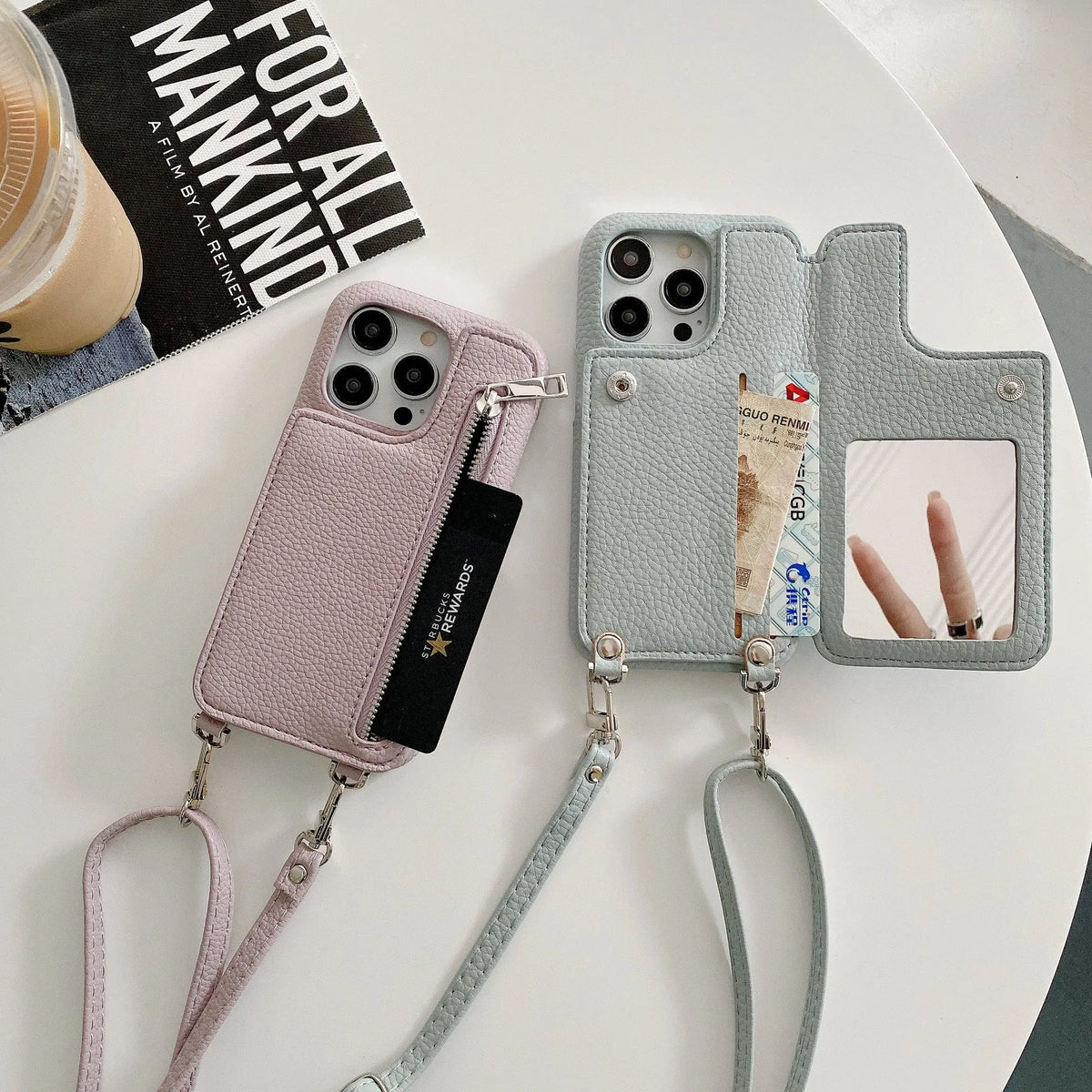 Lychee pattern phone case with card slot beauty mirror and crossbody strap in beige colour