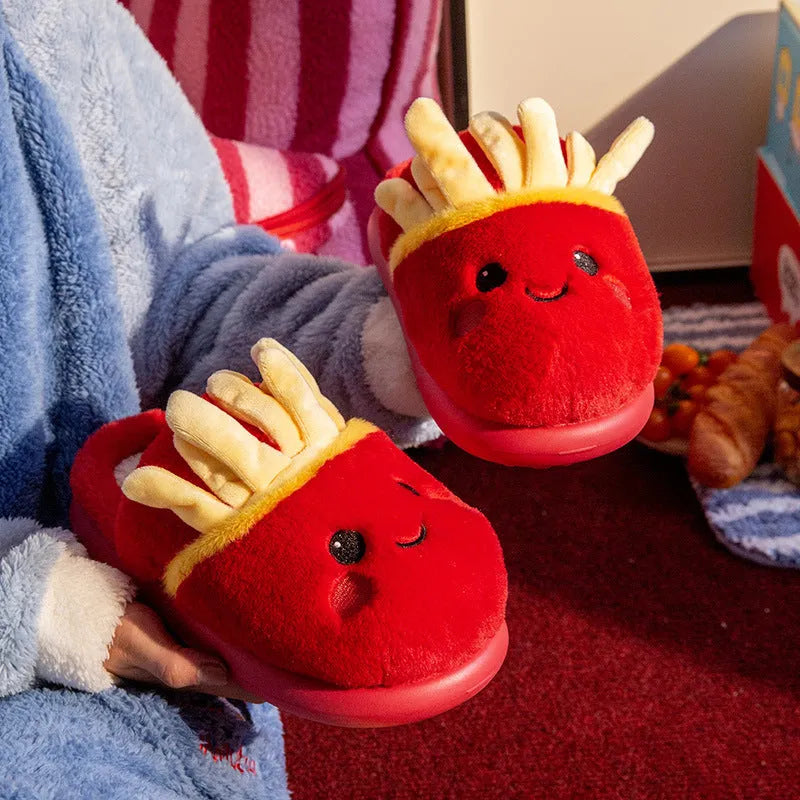 New indoor cotton slippers for women with suede upper and EVA sole, French fries design, available in multiple sizes.