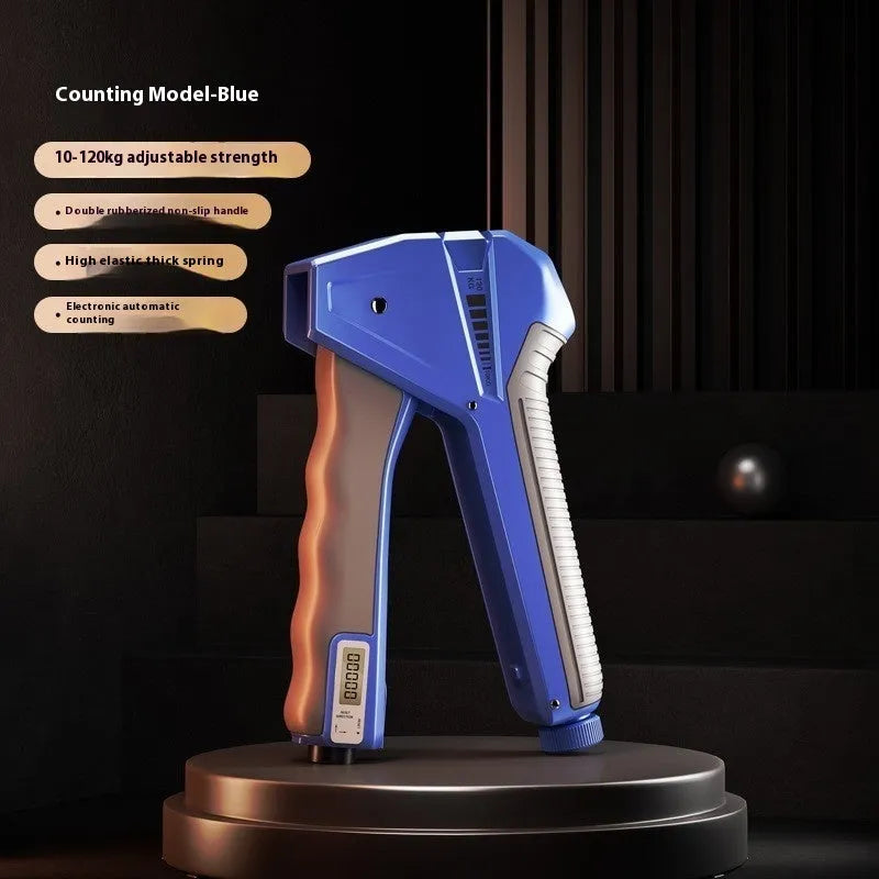 Adjustable grip strength trainer with mechanical force counter display showing resistance level