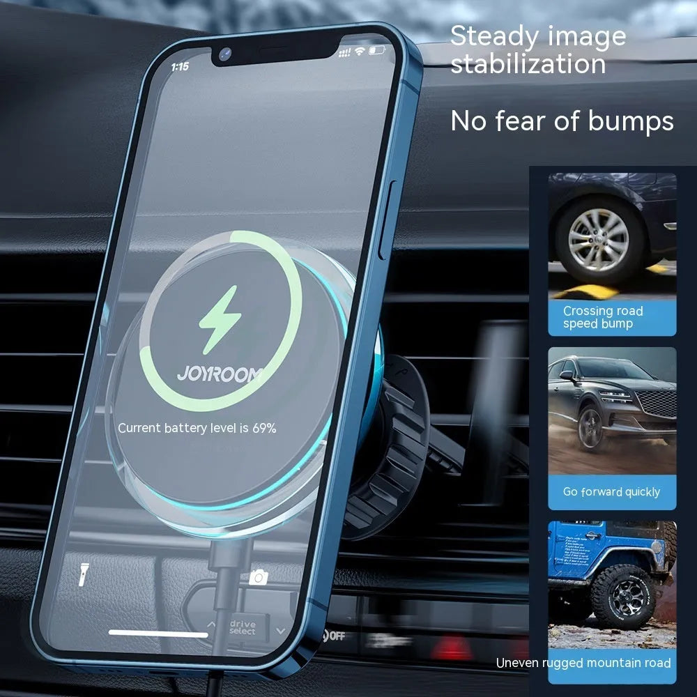 Black car air outlet wireless charging stand with magnetic phone mount showing 15W charging capability
