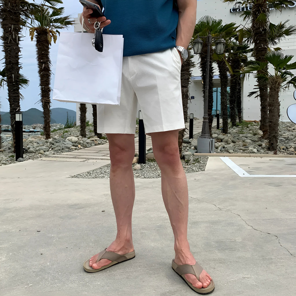 Men's straight leg casual shorts in non-ironing polyester fabric available in black, white, and khaki colours
