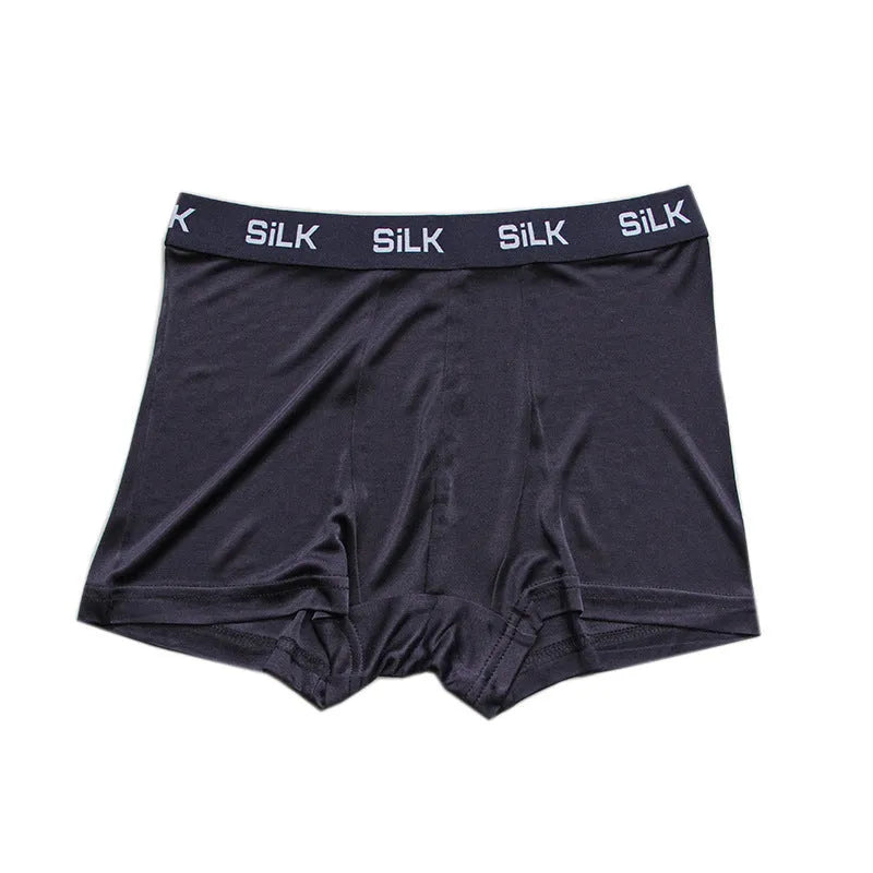 Men's silk casual shorts in navy blue with loose fit and mid-waist design