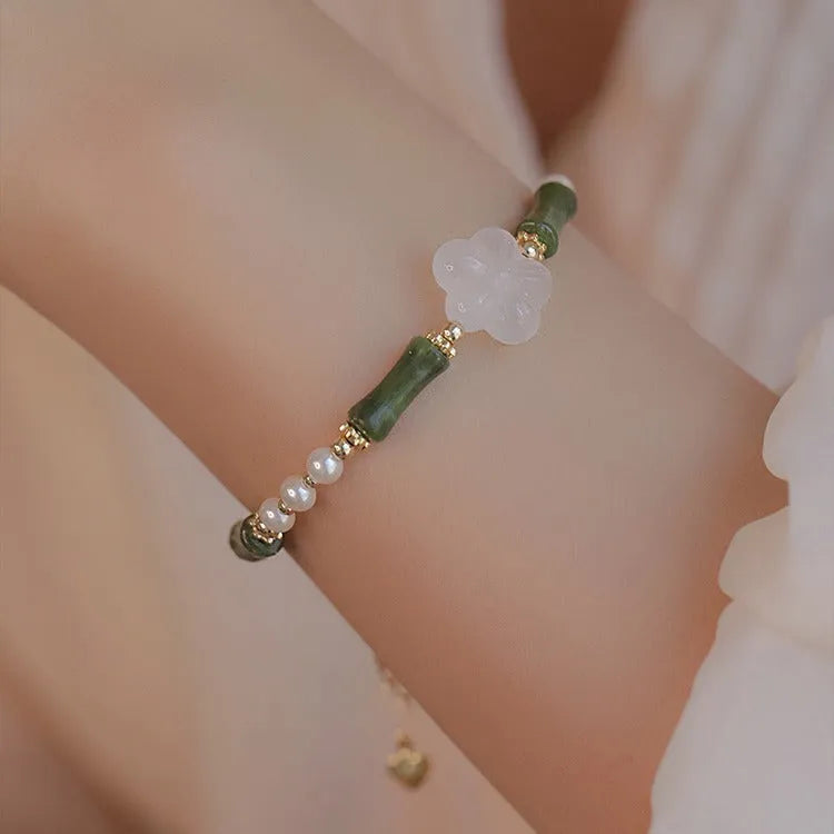 Women's antique Chinese style bracelet with bamboo joint design, Hetian jade, and 4mm shell pearls