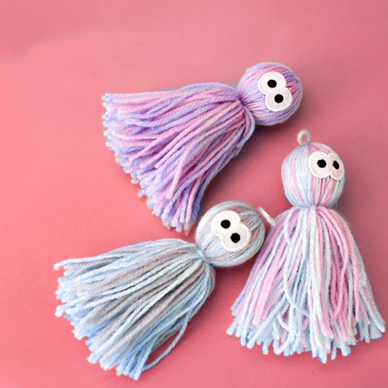 Hanging cat wool ball toy with teaser stick in blue gray, pink blue, or pink purple colour options