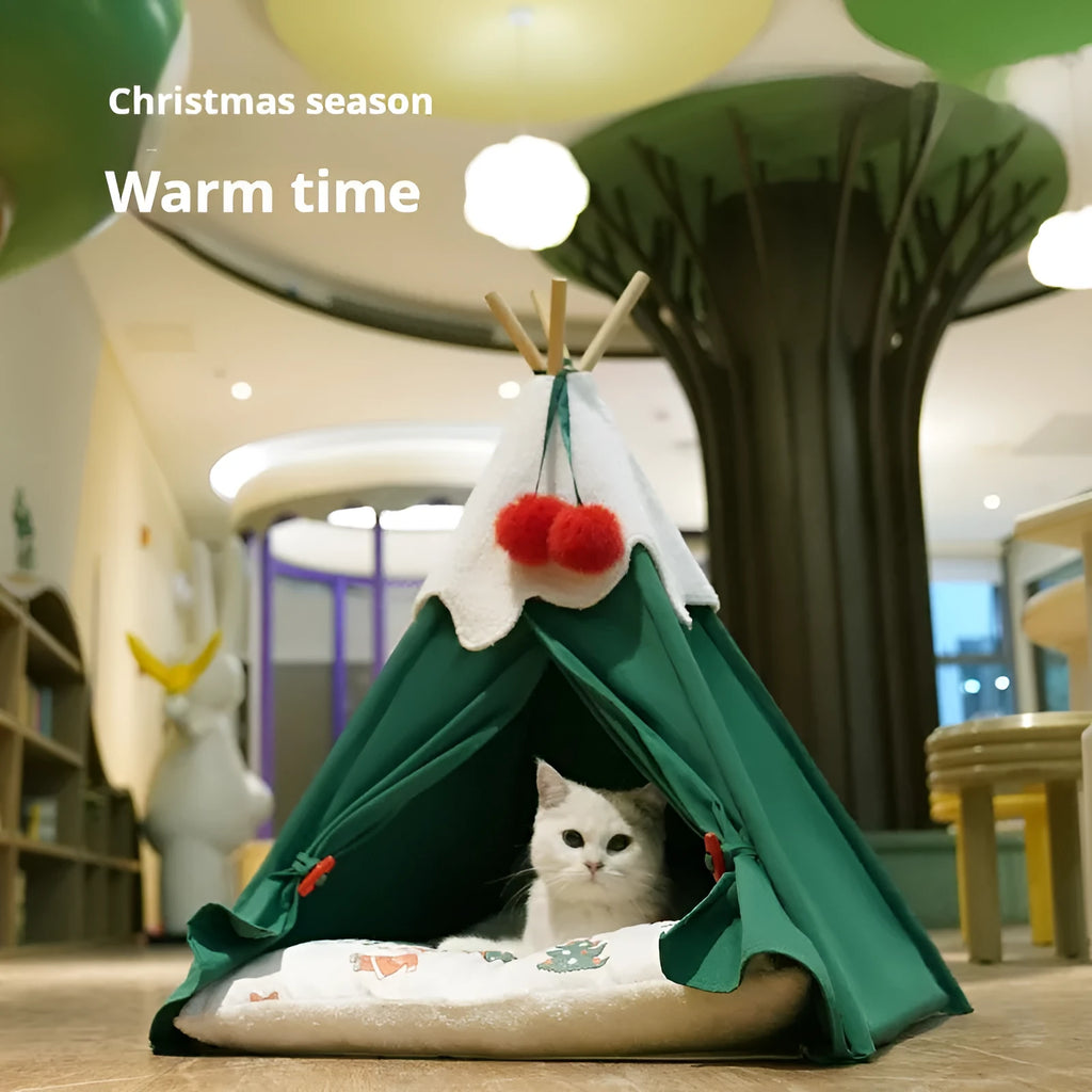 Brown semi-closed cloth cat house with a removable mat, shown next to a white colour option.