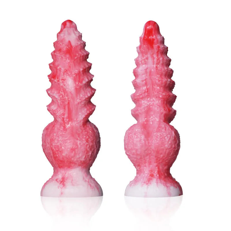 Pink platinum silicone penis-shaped masturbation device for women, shown in Berserker S and M sizes.