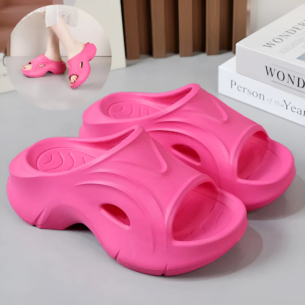 Women's thick-soled EVA foam slippers in rose red colour with round toe design