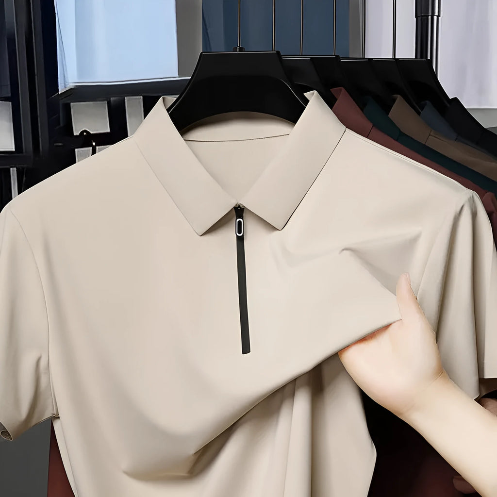 Men's half zipper seamless polo shirt in solid colour with short sleeves, ice silk fabric, regular fit