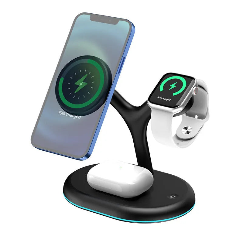 Black magnetic wireless charging stand holding phone upright with included TYPE-C cable