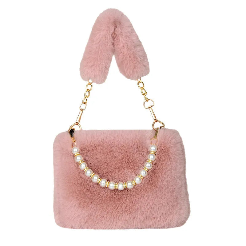 Fashion plush chain crossbody bag in milky white with soft synthetic leather lining and horizontal square shape