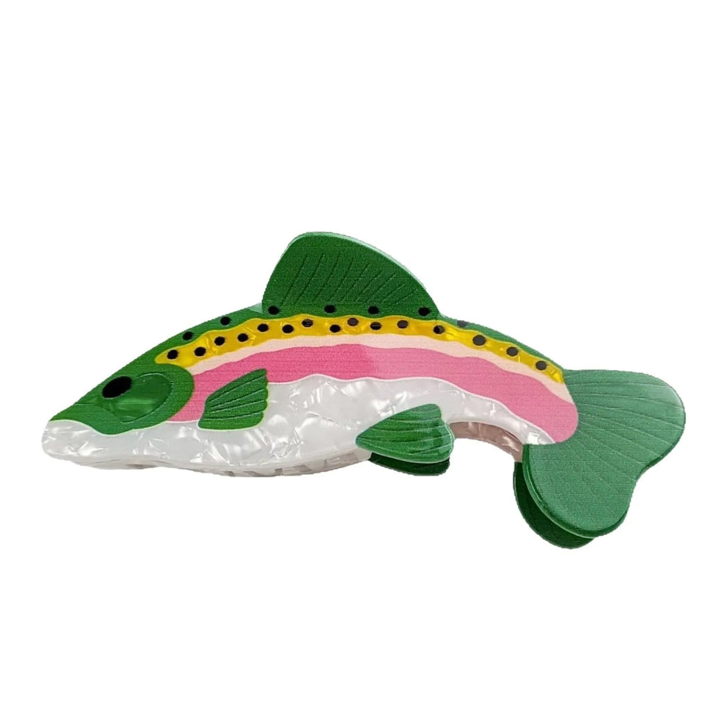 Dark green PVC hair clip with printed rainbow trout marine design
