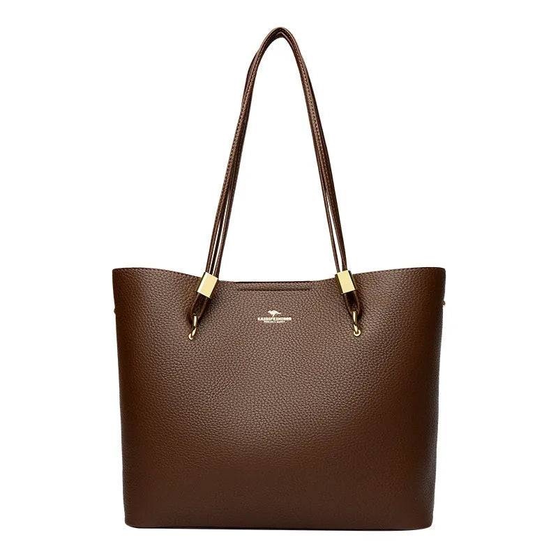 Women's large capacity crossbody tote bag in PU leather with stitching detail in brown colour
