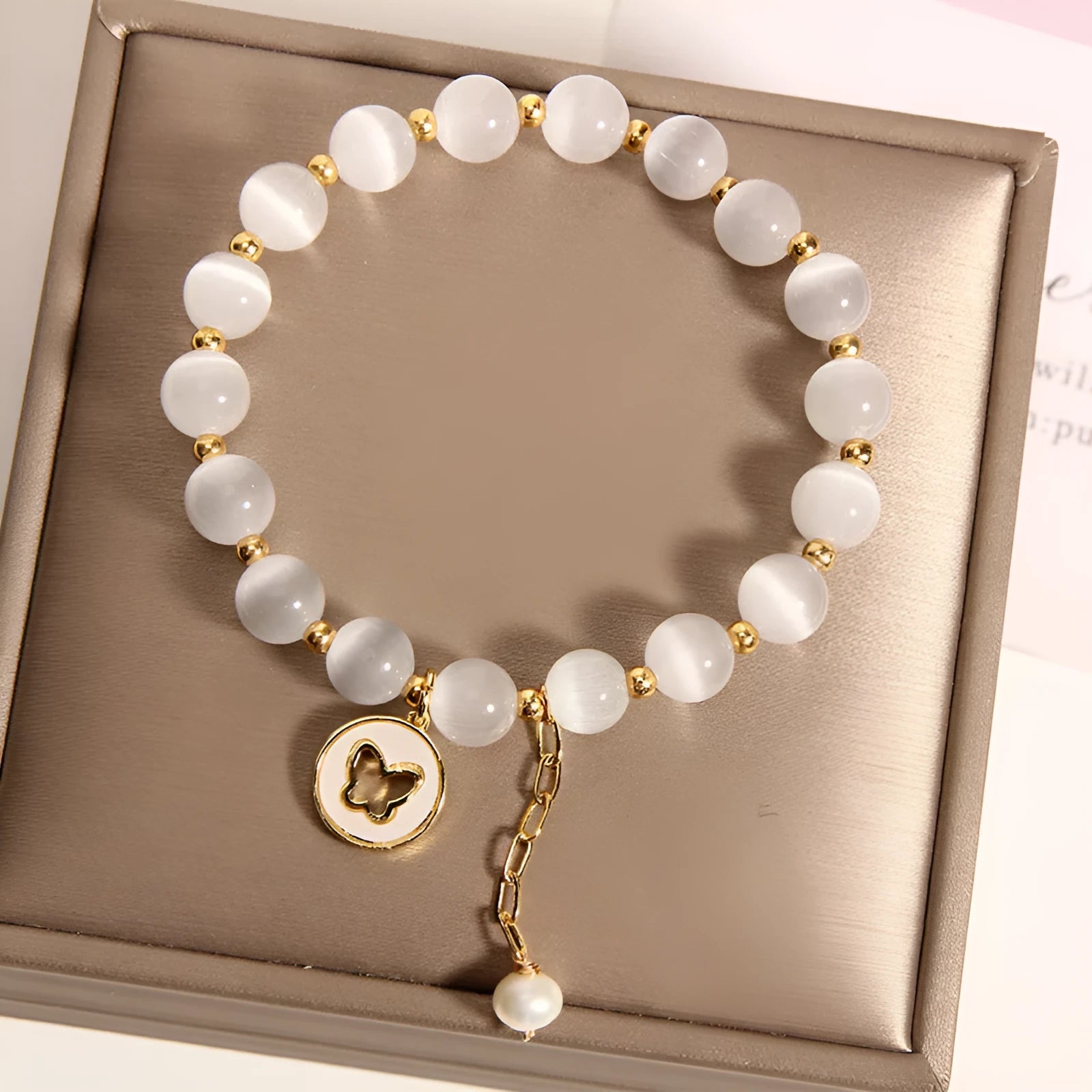 White crystal bracelet with geometric design and cat's eye stones in Korean style