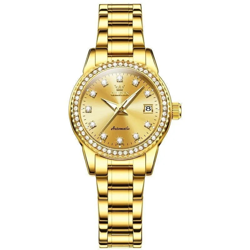 Women's waterproof mechanical watch with alloy case 12mm thickness full gold colour