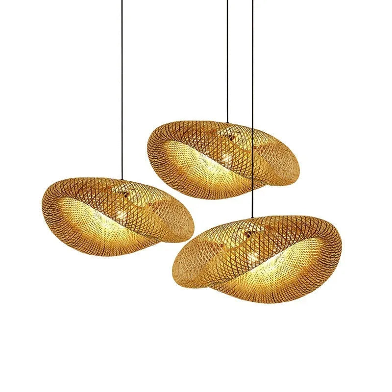 Natural woven bamboo straw hat-shaped pendant ceiling lamp with an open weave design.