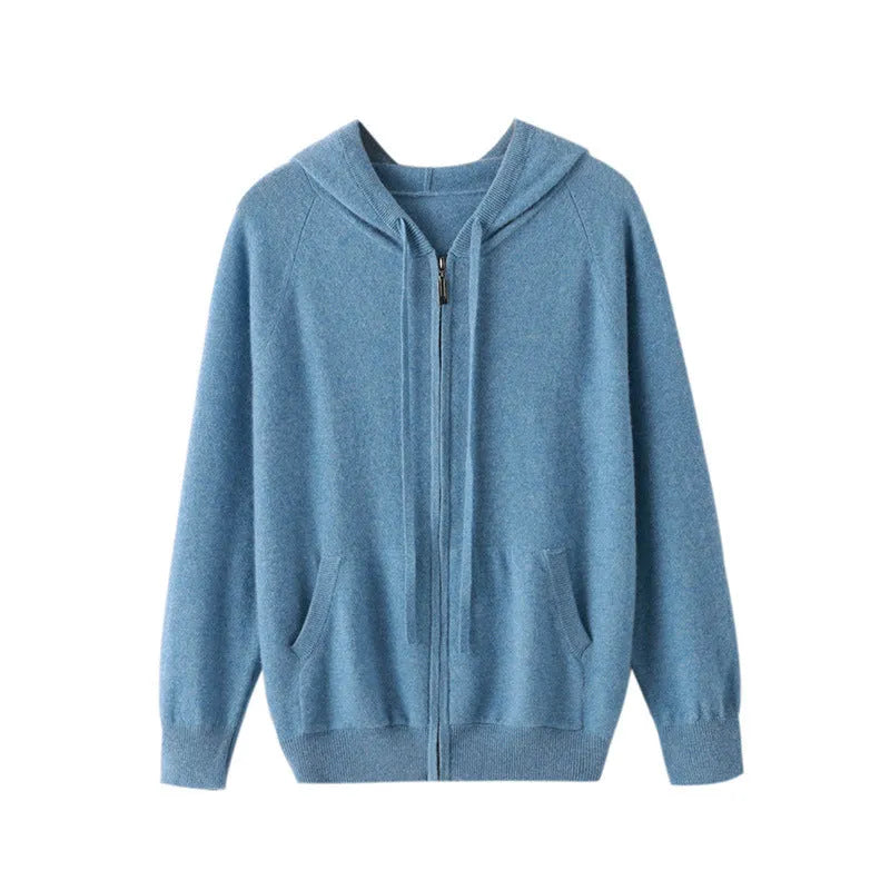 Men's cashmere knitted cardigan with full zip front and hood in solid colour options
