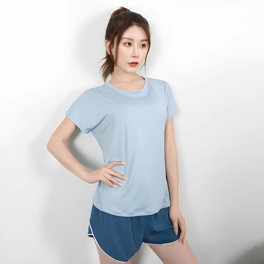 Women's short sleeve polyester sports T-shirt in grey green for running and gym workouts