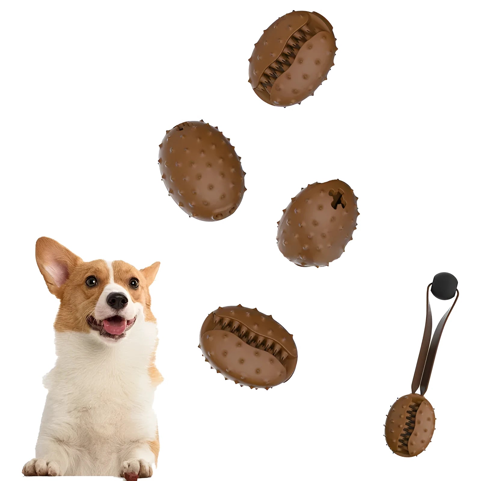 Coffee coloured TPR rubber dog chew toy shaped like a coffee bean with an integrated rope knot.