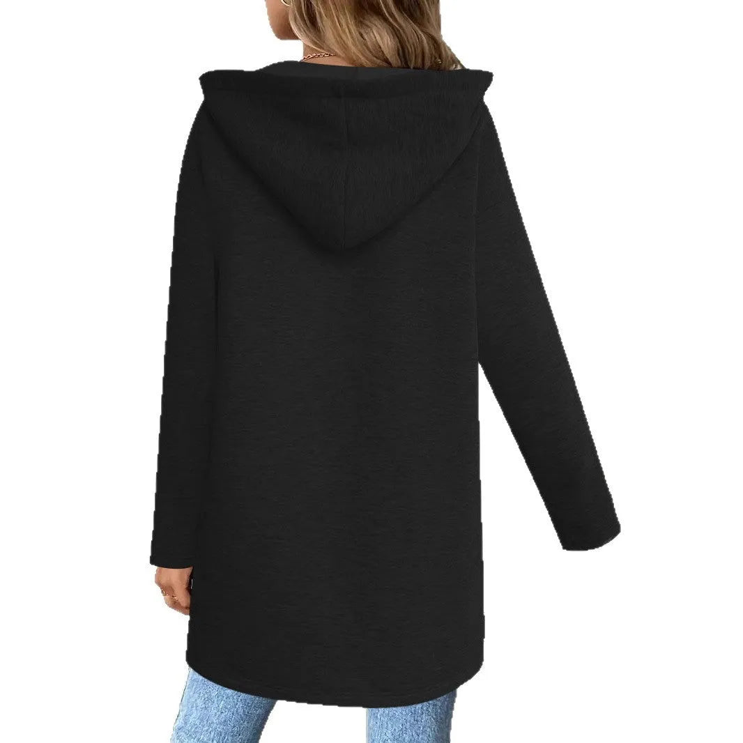 Loose fit women's mid-length cardigan coat in polyester, shown in grey, black or khaki with pockets.