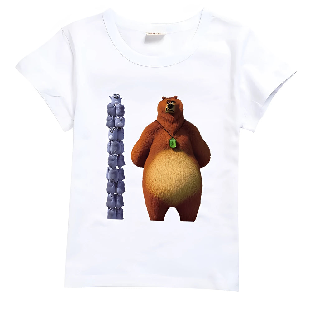 Children's cotton short sleeve top with cartoon print, available in ten colours and sizes 100cm to 170cm