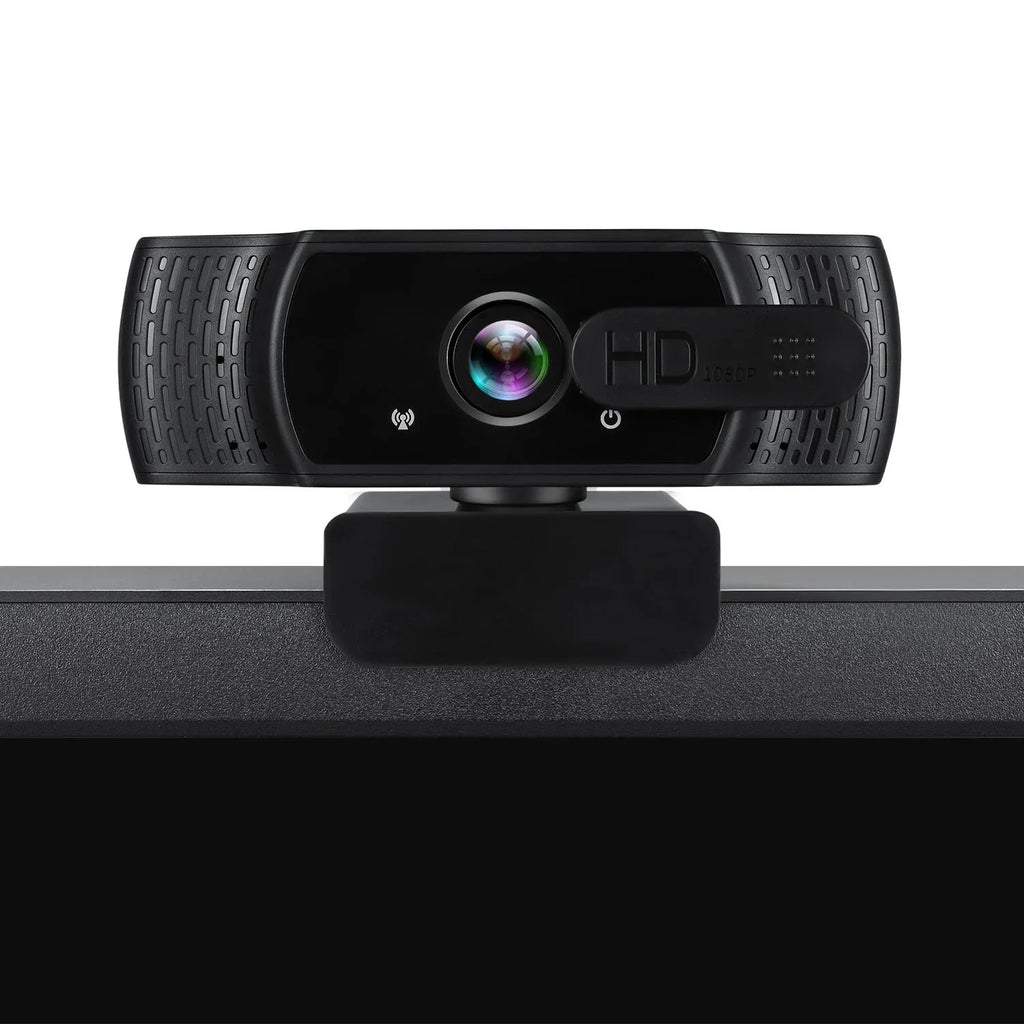 Black USB webcam with microphone and universal clip for laptop or monitor mounting