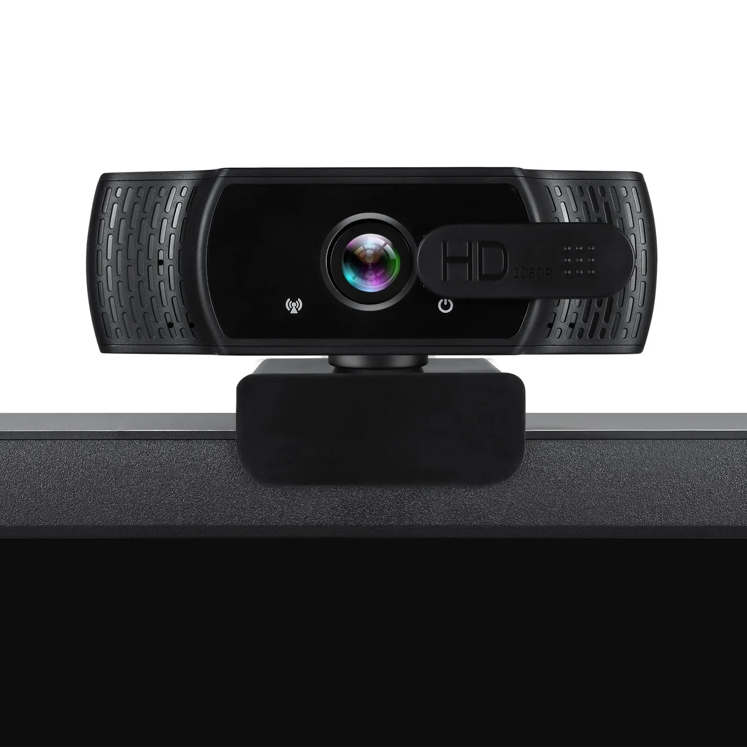 Black USB webcam with microphone and universal clip for laptop or monitor mounting