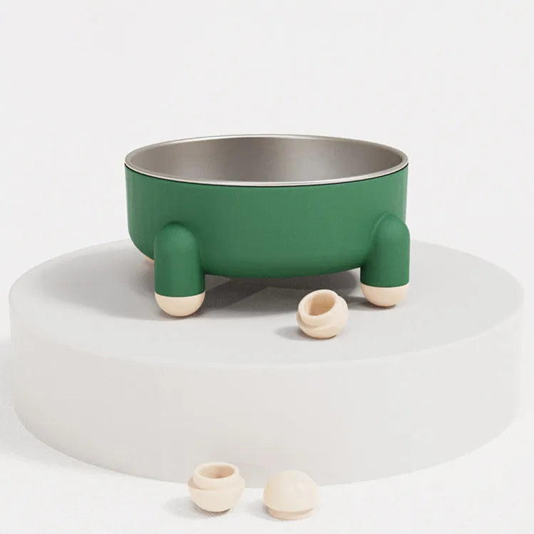 Stainless steel pet bowl with non-slip base and high foot in pink, green, or white colour.