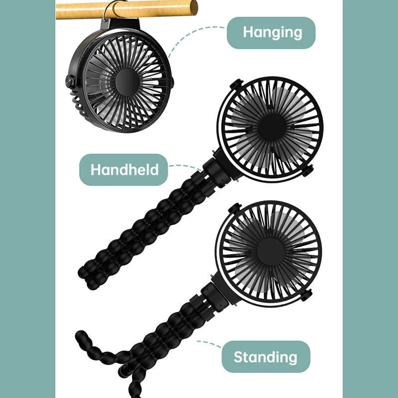 Black flexible tripod clip-on fan with 2000mAh battery, showing 3 speed buttons and 360° rotating head.