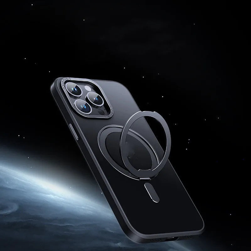 Transparent magnetic iPhone protective case with integrated folding bracket in black, clear, and purple colour options