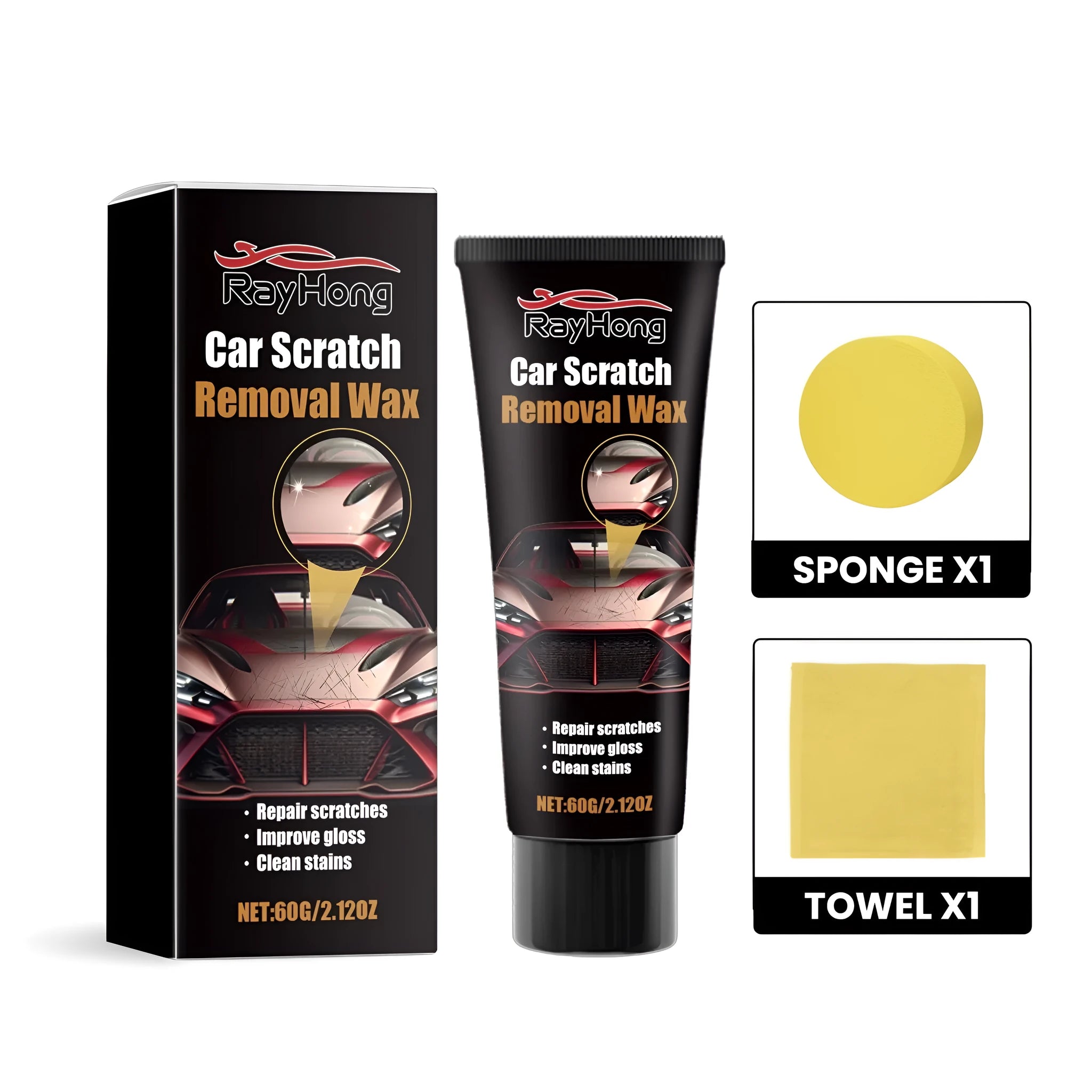 Car scratch removal wax kit with 60g container, sponge applicator, and microfibre towel for paint repair