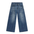 Men's retro washed light blue jeans, loose straight wide leg, mid waist, zipper fly, cotton blend