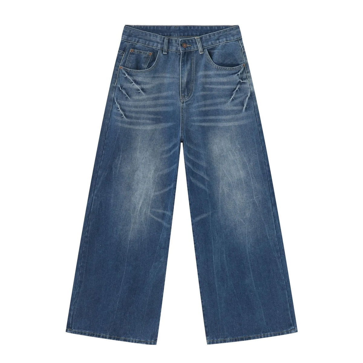 Men's retro washed light blue jeans, loose straight wide leg, mid waist, zipper fly, cotton blend
