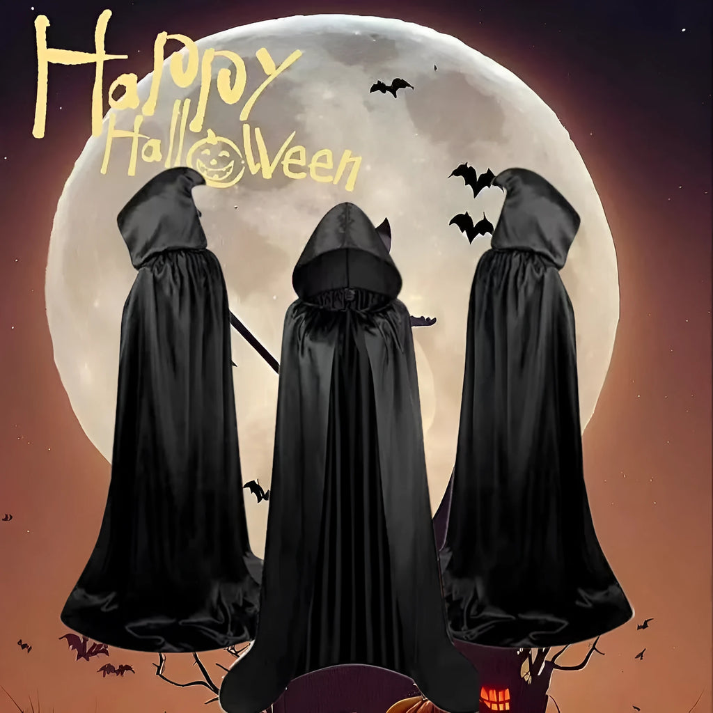 Black reversible hooded satin cloak for children's Halloween wizard costume