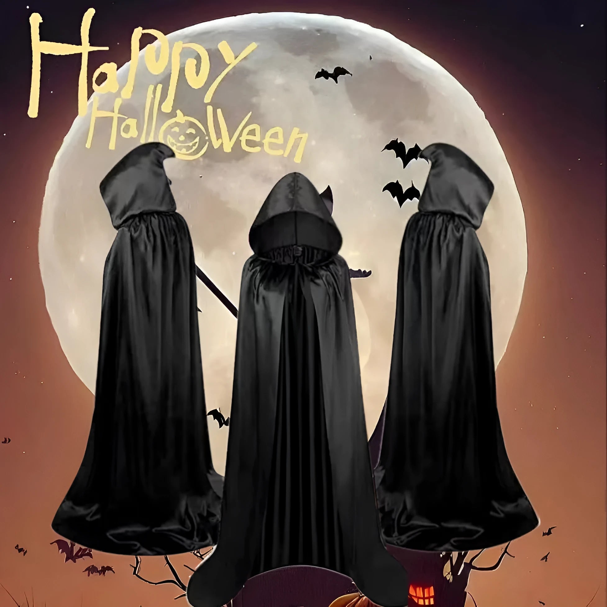Black reversible hooded satin cloak for children's Halloween wizard costume