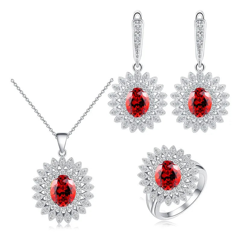 Sunflower zircon jewellery set with white gold plated ball bead necklace, ring and earrings, eight colours