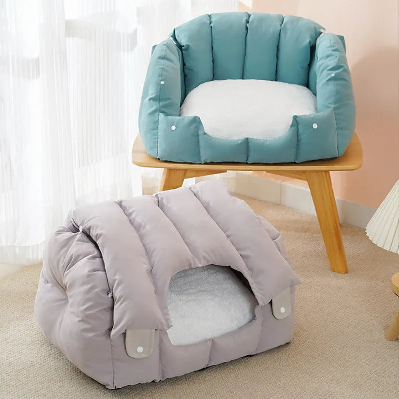 Grey and green dual-purpose arched pet bed shown as an enclosed cat nest and an open sofa bed for cats and dogs.
