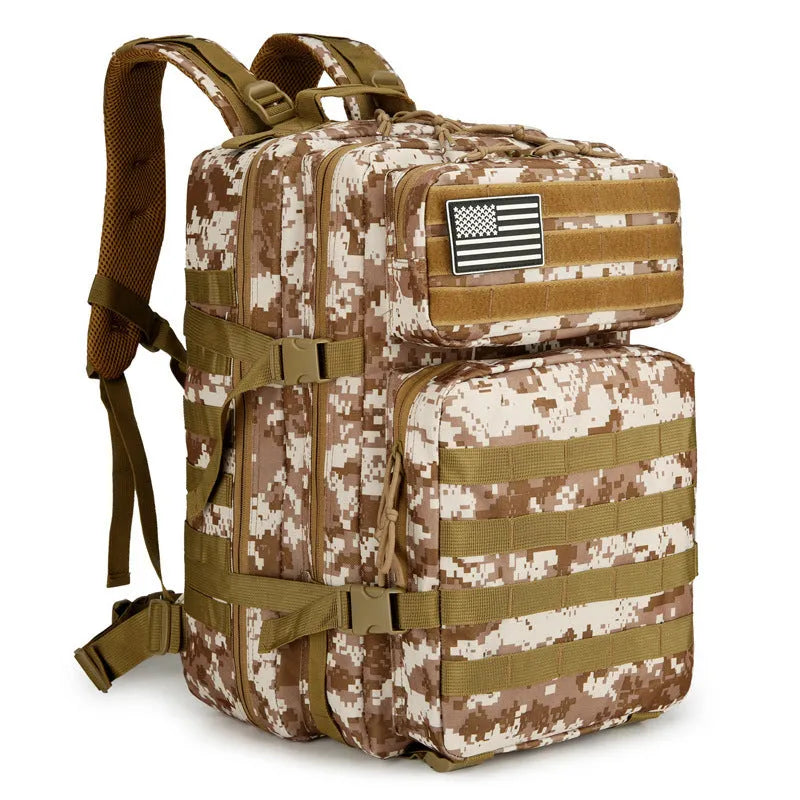 56-75L large outdoor travel waterproof backpack in oxford cloth with camouflage pattern and sewing line detail