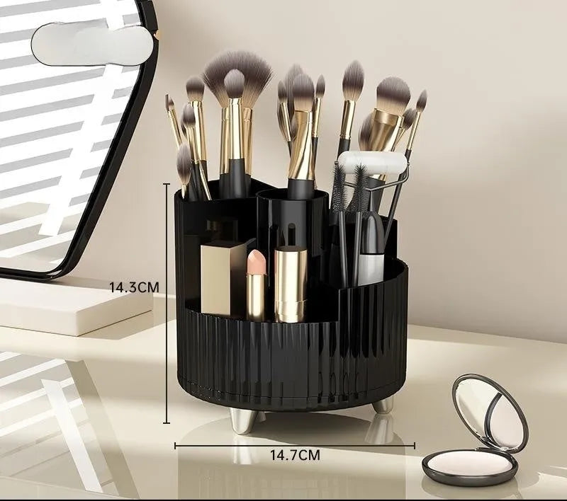 Rotating cosmetics storage box organiser for makeup brushes and cosmetics on dresser table