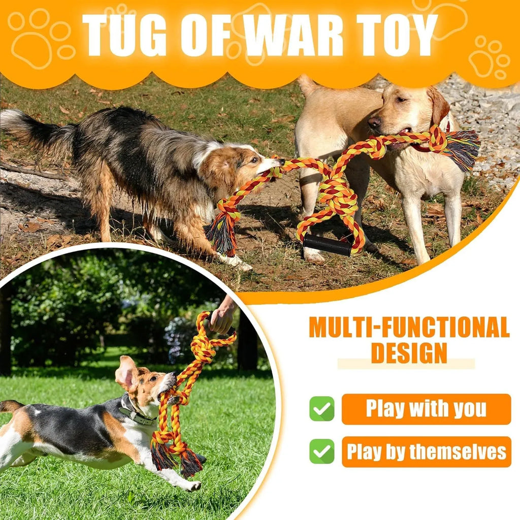 Blue and yellow durable cotton rope tug toy for large dogs with a textured handle
